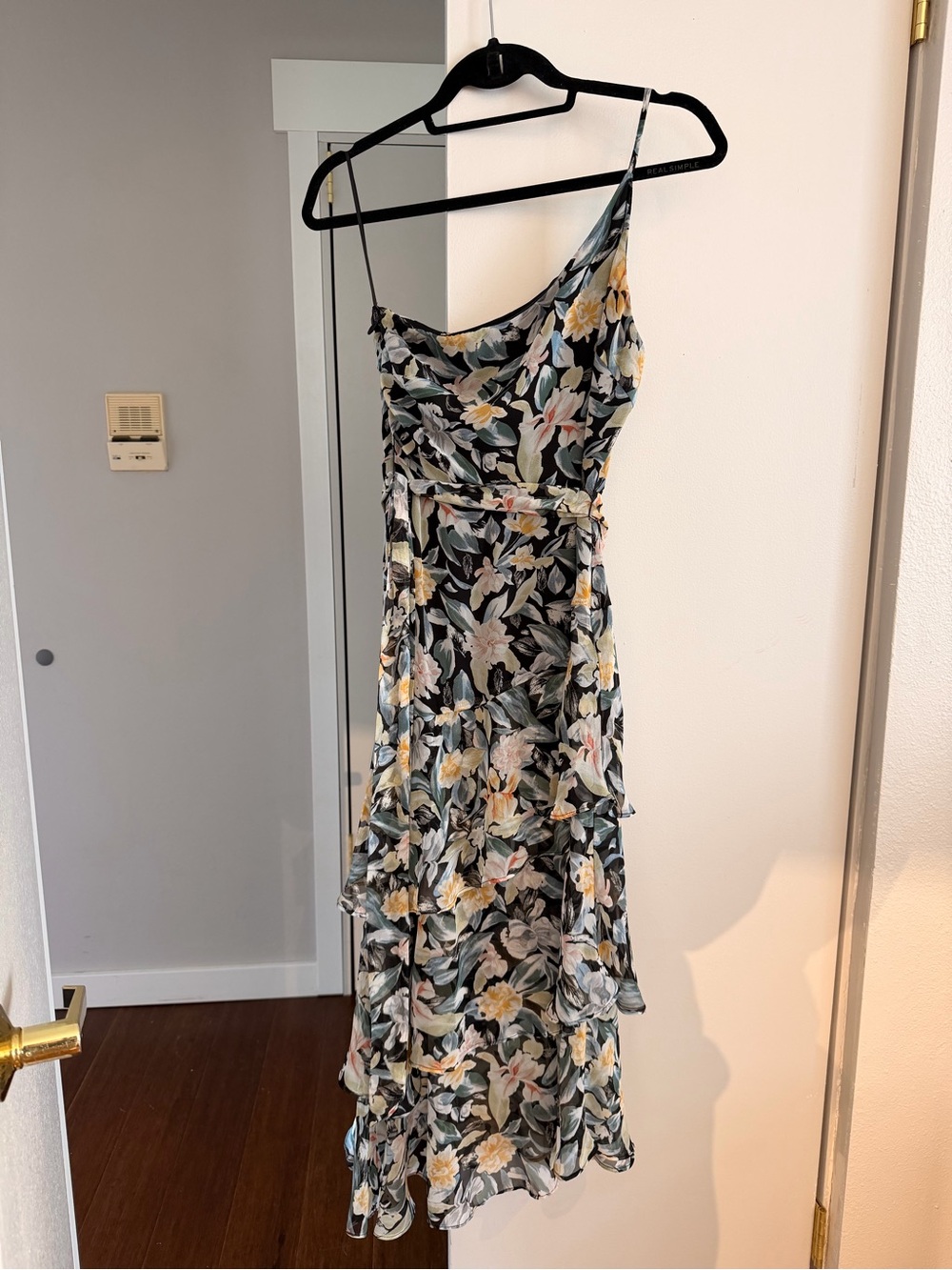 Petal & Pup Floral One-Shoulder Tiered Midi Dress - Black & Teal - Picture 3 of 5